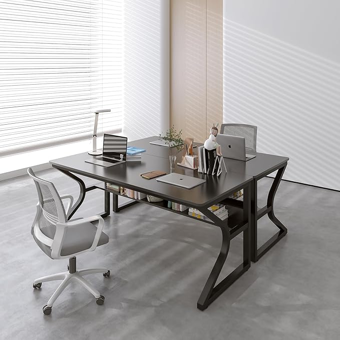Extra Long Desk with Bookshelf - 55 Double Long Writing Table for 2-Person Workstation Modern Study Work Computer Desk for Home and Office Black