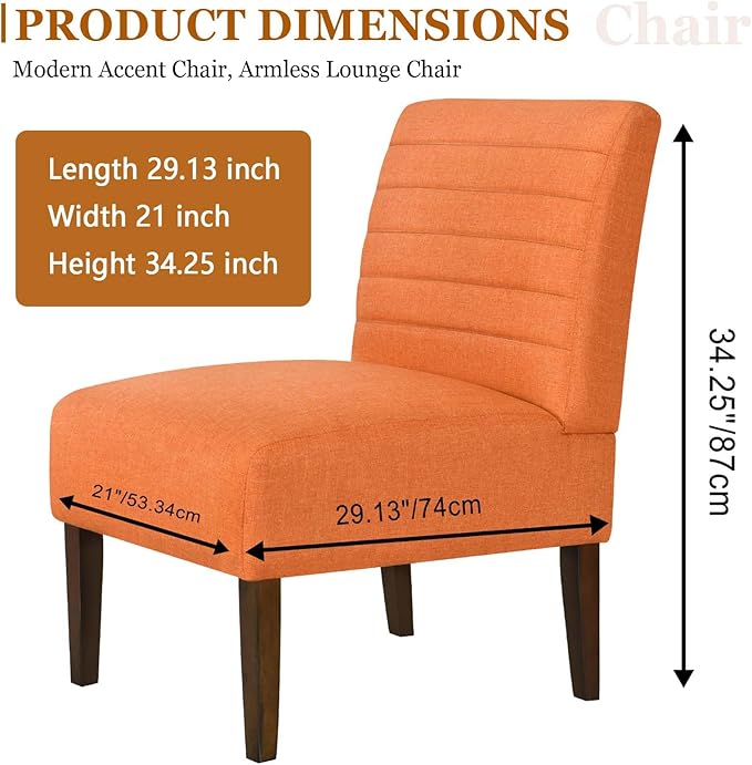 Modern Accent Chair for Living Room Upholstered Armless Slipper Chair with Back &amp Wood Legs Comfy Small Chair for Bedroom Living Room Reading Spaces Office (Orange)