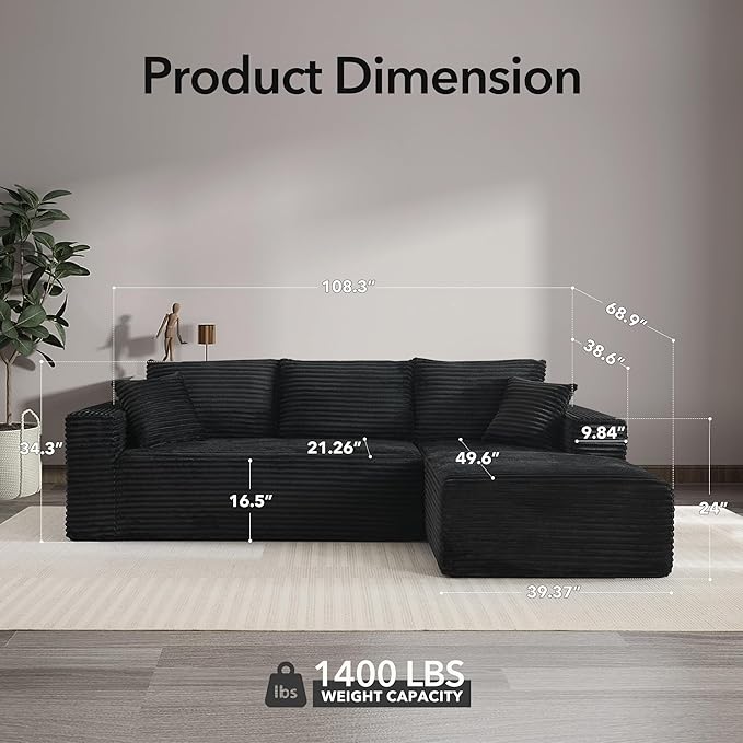 108 Cloud Sectional Couch with L-Shape Chaise Modern Modular Sofa with Deep Seat Boneless Cloud Couches for Living Room Bedroom No Assembly Required Plush Corduroy (Black Right Facing Chaise)