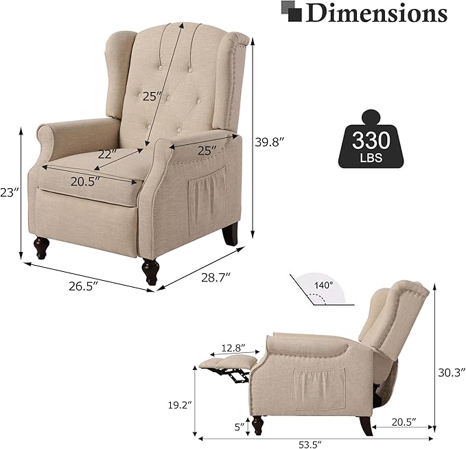 Recliner Wingback Chair - Tufted Armchair - Massage Recliner Chair with Heat - Fabric Push Back Recliner with Remote Control Heating Function Adjustable Backrest (Beige)