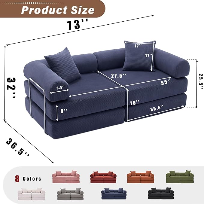 73 Convertible Modular Folding Sofa Bed 5-in-1 DIY Combination Fold Out Sleeper Sofa Bed Loveseat sleeper Couch with Removable Armrests Corduroy Floor Couch Small couches for small spaces Blue