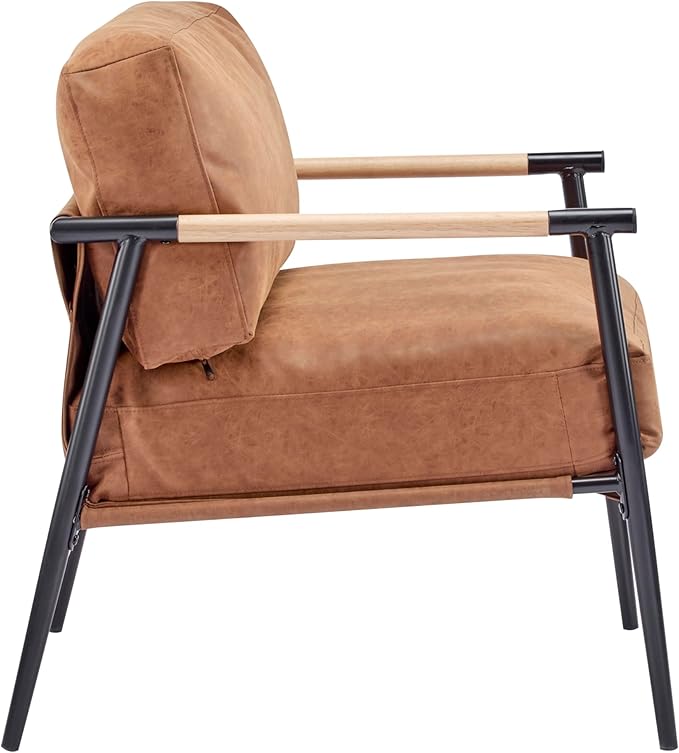Modern Minimalist Accent Chair Soft Polyester Fabric with Metal Frame and Wood Armrests Living Room Bedroom Office Seating (Brown)