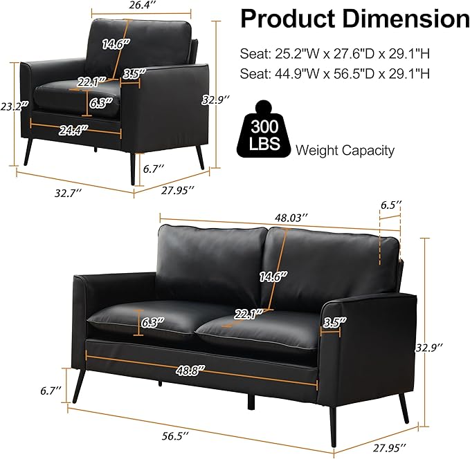 Okeysen Modern Leather Loveseat Set Upholstered Couch for Guest Mid-Century Accent Chairs for Living Room Comfy Couches for Small Spaces Sofa Chair Reading Chair for Waiting Room.