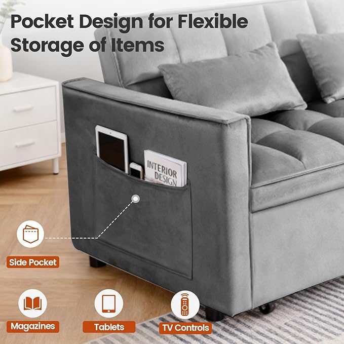 Convertible Sofa Bed Pull Out Couch with Side Pockets 3 in 1 Velvet Fabric Loveseat Sleeper Sofa Bed Pull Out Couch with Adjustable Backrest for Living Room Bedroom Apartment Deep Gray