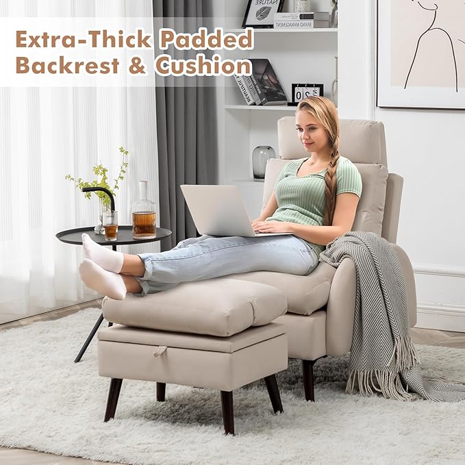 Accent Chair with Ottoman Comfy Reading Chair and Ottoman Set Modern Oversized Lounge Armchair with Adjustable Backrest for Living Room Bedroom Velvet Khaki