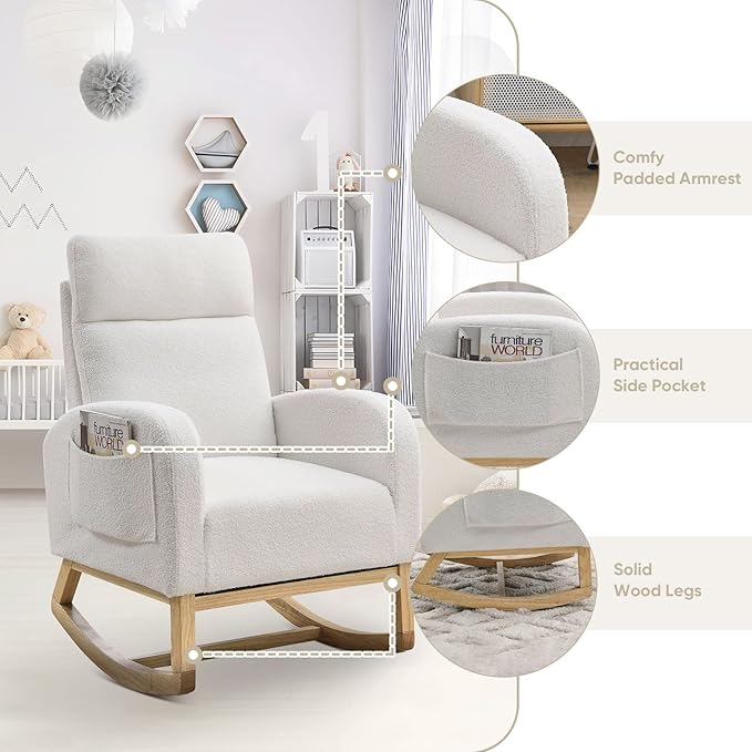 Nursery Rocking Glider Chair Modern Fabric Tall Back Accent Rocker Chair Upholstered Arm Chair w/Side Pockets Modern Leisure Single Sofa for Living Room Hotel Bedroom Office White