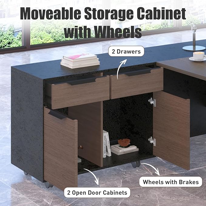 70.86 Inch L Shaped Executive Office Desk with 2 Drawers Large Office Desk with File Cabinet Modern Home Office Desk w/Moveable Stand Under Desk Storage Organizer with 4 Wheels