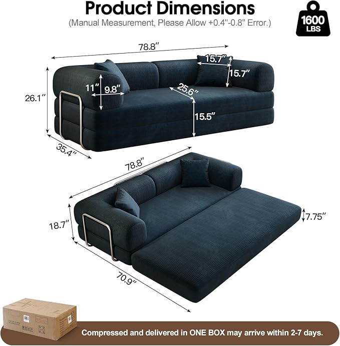78.8'' Convertible Sofa Bed Boneless Couch in a Box Modular Corduroy Comfy Foldable Sleeper Compression Sofa Loveseat Couches for Living Room (Blue 78.8 inch)