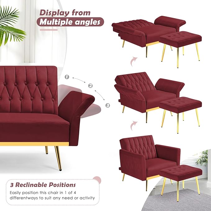 Velvet Accent Chair with Adjustable Backrest and Armrests Single Recliner Armchair with Ottoman and Golden Mental Legs for Living Room Bedroom and Waiting Room Red