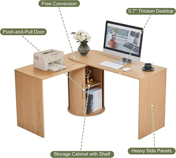Home Office Desk L Shaped 51-Inch Small Space Modern Office Computer PC Desk with Storage File Cabinet and Reversible Tabletop Corner Work Table for ExecutiveStudyWriting - Natural