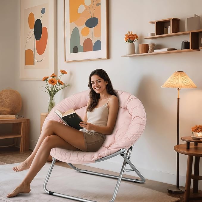 Cozy Saucer Chair Living Room Chair Faux Fur Soft Thick Padded Folding Chair Comfortable Moon Chair for Living Room Bedroom Reading Nook Modern Style 2 Pack Pink