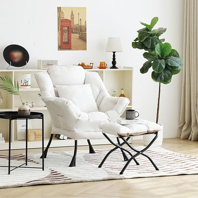 Lazy Chair with Ottoman Comfy Reading Lounge Chair with Footstool &amp Throw Pillow Modern with Armrests &amp Side Pocket for Living Room Bedroom Dorm Room Beige