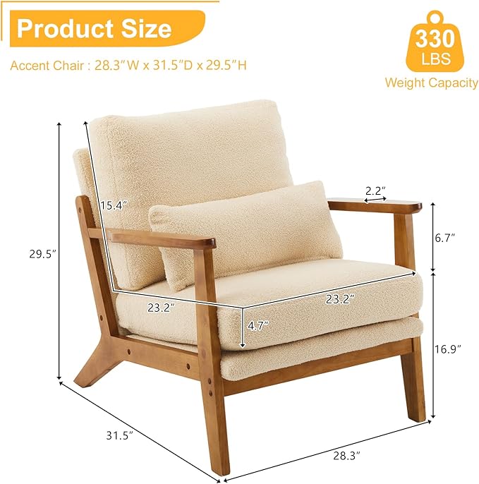Karl home Accent Chair Wide Armrest Mid-Century Lounge Chair Teddy Fleece Armchair with Lumbar Pillow &amp Solid Wood Frame for Living Room Bedroom Balcony Khaki