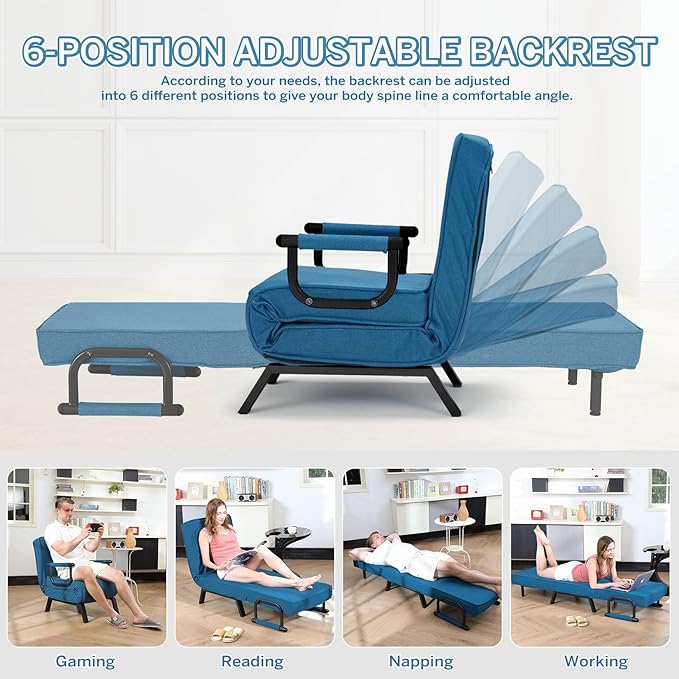 Folding Sofa Bed Sleeper Chair3-in-1 Single Convertible Sofa with Adjustable BackrestLazy Bed Leisure Recliner with PillowTri-fold Upholstered Armchair (Blue Standard)