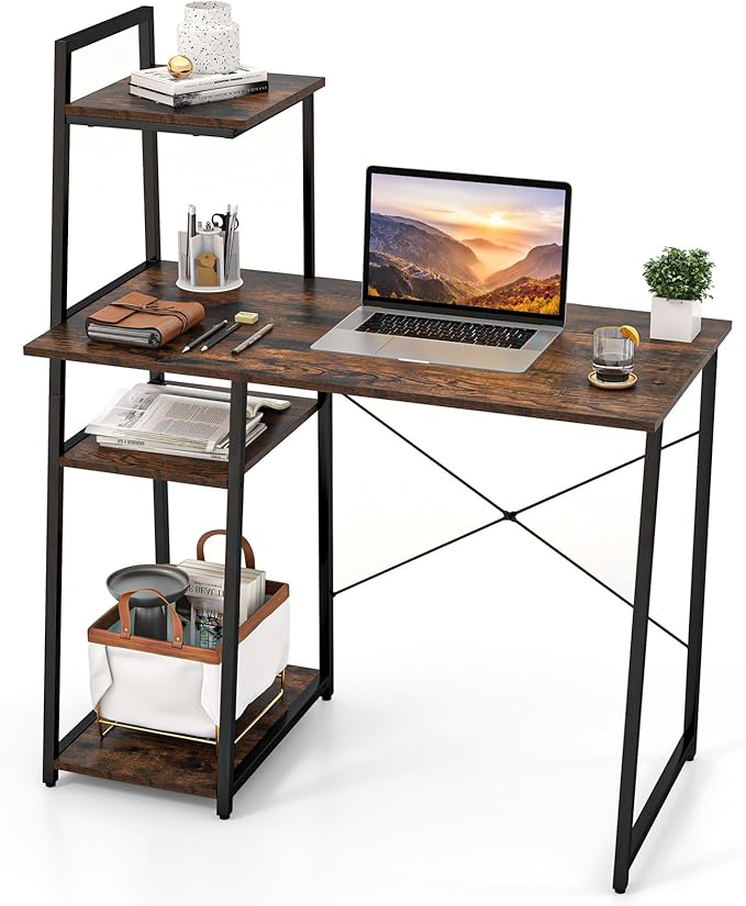 Tangkula Computer Desk with Shelves Space Saving Home Office Desk with 3-Tier Ladder Shaped Storage Bookshelf Modern Writing Study Desk with Metal Frame Compact Computer Workstation (Rustic Brown)