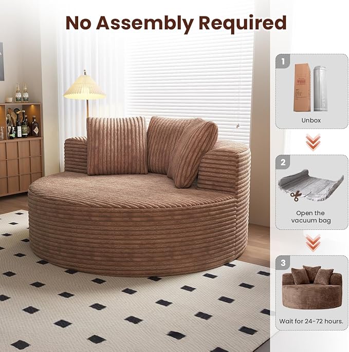 Oversized Round Chaise Lounge Chair Indoor 50'' Corduroy Single Floor Sofa Chairs Circle Deep Seat Sleeper Chair Modern Upholstered Boneless Sofa for Living Room Bedroom Apartment Brown