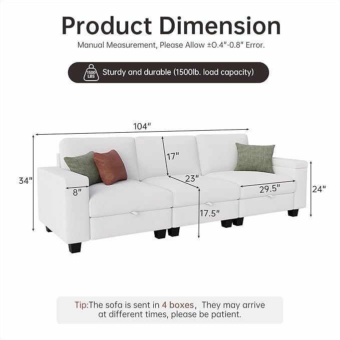 Youmumeub Sectional Sofa Couch for Living Room - 104''Modern 3 Seat Large Convertible Modular Couches-High Grade Chenille Fabric-Removable Sofa Cover-Comfortable and Sturdy Easy to AssembleWhite