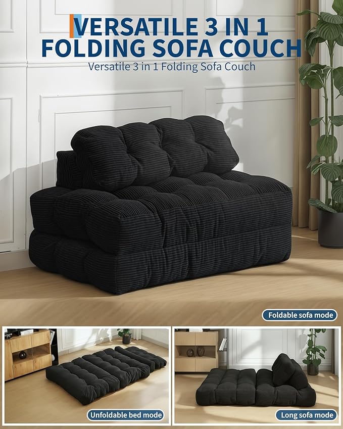 Garvee Folding Sofa Bed Convertible Sleeper Chair with Pillow Foldable Mattress with Back Support Boneless Fold Out Chair Bed Comfy Floor Sofa Lounge for Living Room Bedroom Black Full