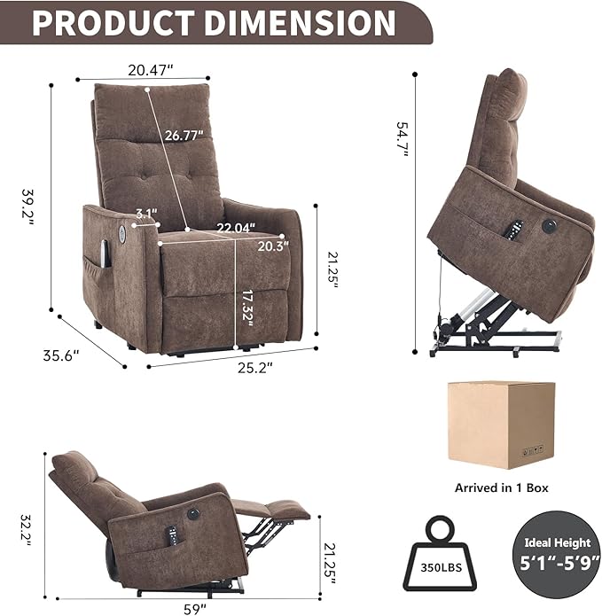 Small Power Lift Chair Recliner for Elderly Petite Power Recliner Chair with Massage and Heat | USB | High Back | Push Button | Side Pockets Liviing Room Easy Assembly (Chenille Brown)