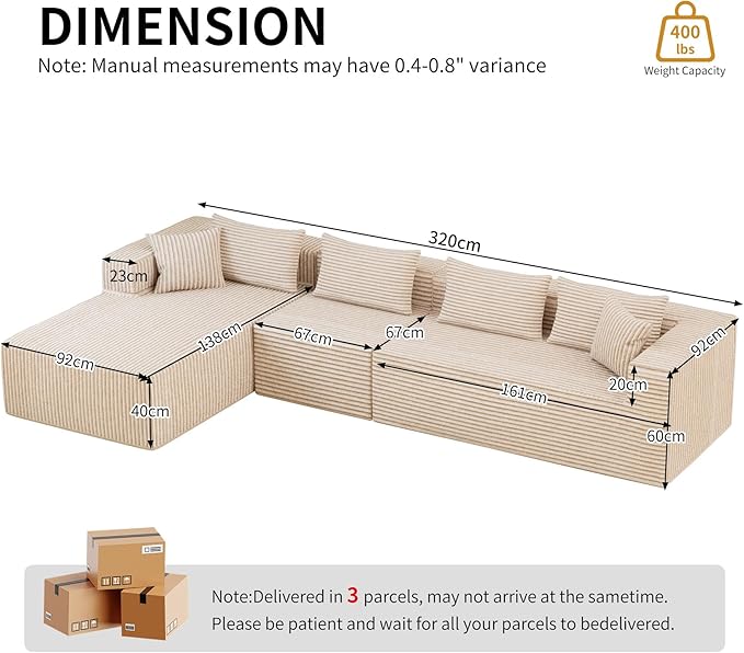 126 Cloud Modular Sectional Sofa L Shaped Couch Deep Seat Chaise Sectional Sofa for Living Room Modern Minimalist Upholstered Boneless Couch No Assembly Required Khaki Left-Facing Chaise