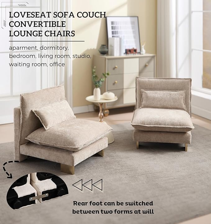 Small Modular Sofa Armless Loveseat Modern 2-Seats Mini Sofa Couch with Pillows Convertible Love Seat with Gold Legs for Small Spaces Living Room Oatmeal Chenille