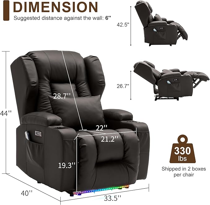 DRMBOOK Power Recliner Chair Electric Wall Hugger Reclining Sofa with Massage &amp Heat Overstuffed Theater Seating with LED/USB Port/Cup Holders for Living Room (Leather Brown 2 Chairs)