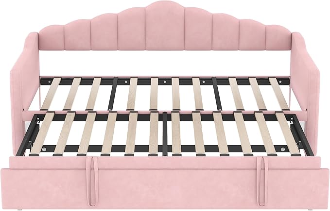 Bellemave Upholstered Twin Daybed with Pop Up Trundle USB &amp Type-C Charging Ports 2 Side Pockets No Box Spring Needed Velvet Modern Day Bed Frame (Pink)