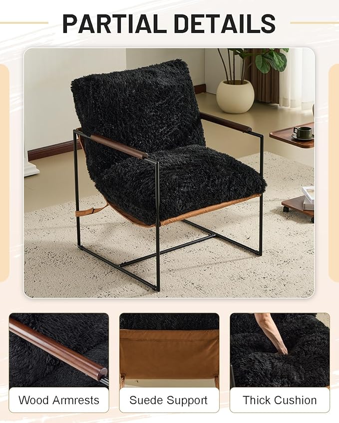 Karl home Modern Accent Chair Plush Fleece Upholstered Living Room Chair with Metal Frame Wooden Armrest Comfy Lounge Armchair for Living Room Bedroom Balcony Reading Room Black