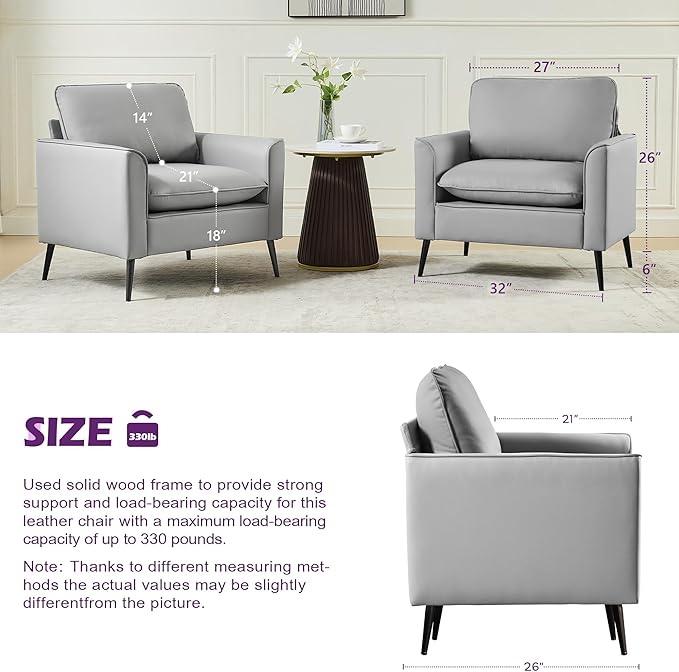 TYBOATLE Accent Chair Set of 2 Grey Leather Accent Chair Comfy Living Room Chair Cozy Reading Sitting Chair Mid Century Modern Accent Chairs Arm Reception Chairs Office Furniture