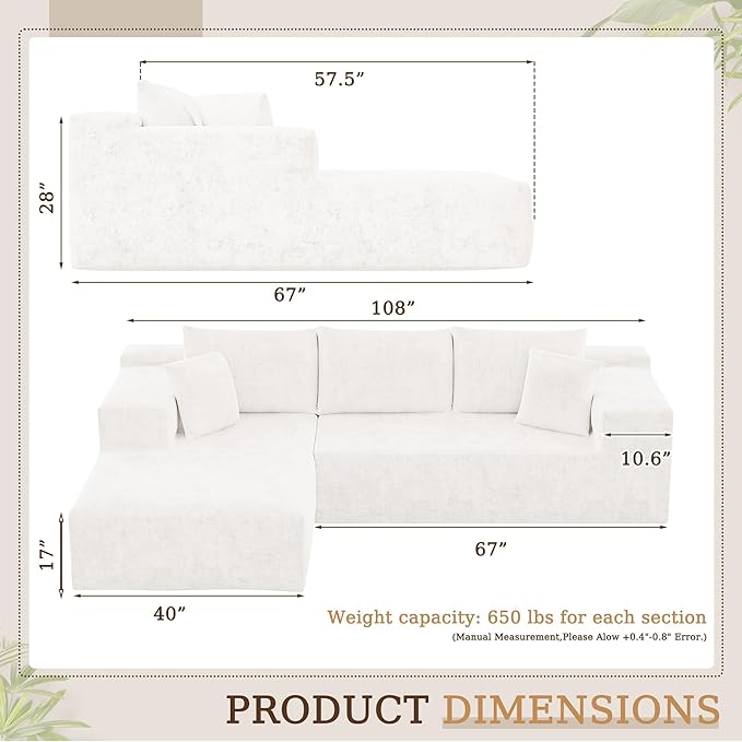 YESHOMY Boneless Couches for Living Room 108 Sectional Modular Sectional Sofa with Deep Seat Cloud Comfy Couch with L-Shape Chaise Easy Assembly (Chenille Pearl Cream)