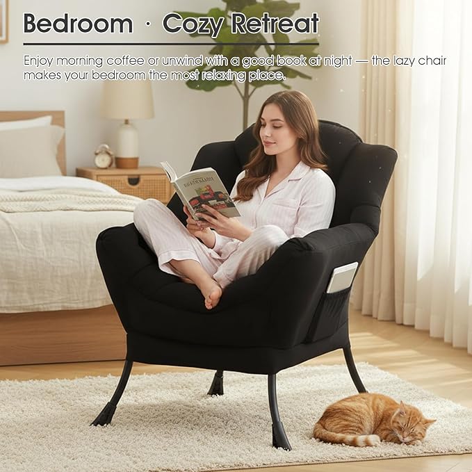 Lazy Chair for Living Room Large Black Accent Chair with a Throw Pillow Leisure Sofa Chair Set Comfy Reading Chair for Bedroom Dorm Room Office