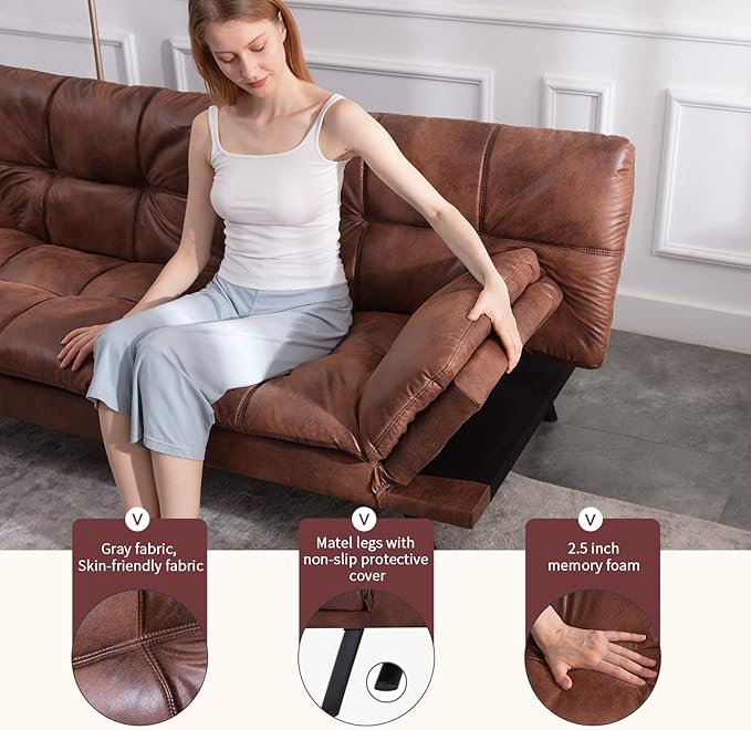 Opoiar Leather Futon Sofa BedConvertible Memory Foam Couch BedFuton Sets Daybed with Mattress IncludedFolding Modern Sleeper Sofa Love seat for RV Car Living Room&ampBedroom Small SpaceBrown