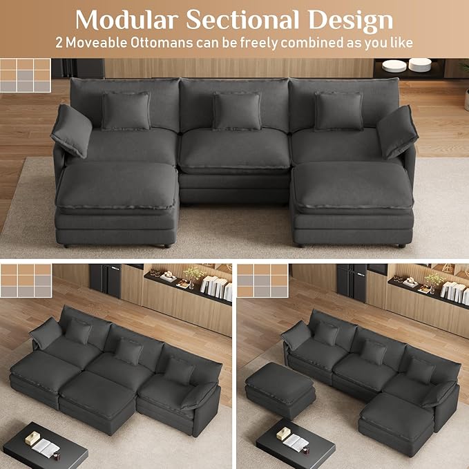 114 U Shaped Cloud Couch Sectionals Oversized Sectional Couches for Living Room Modular Couch Large Velvet Cloud Sofa with Movable Ottoman Grey