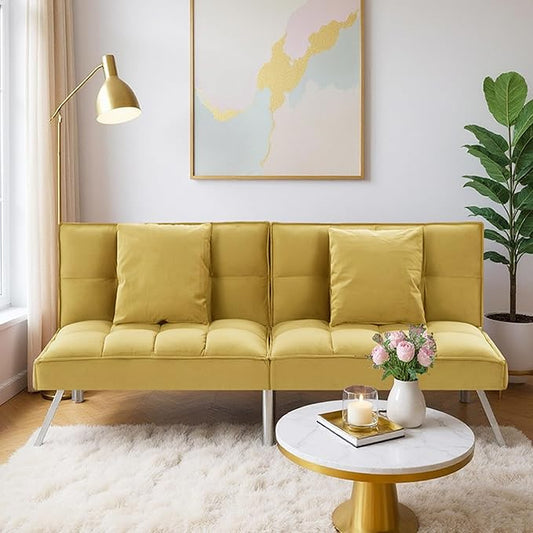 68 Modern Sofa Bed FutonConvertible Sleeper Bed Couch with 4 Reclining BackrestComfy Velvet Cloud Sofa Loveseat for Living Room Bedroom Office (Yellow)