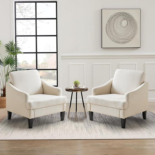 Bezseller Modern Accent Chairs Set of 2 Upholstered Reading Armchair with Wood Legs Mid-Century Leisure Comfy Single Sofa Chair for Living Room Bedroom Home Office Beige