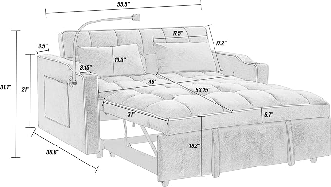 Dreamzie 3 in 1 Convertible Sleeper Sofa Bed Pull Out Couch for Living Room with Swivel Phone Stand Loveseat Sleeper with Side Pocket | Adjustable Backrest | USB Port | Cup Holder(Fabric Beige)