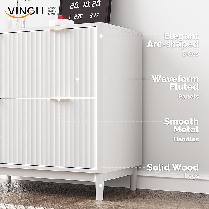 VINGLI 2 Drawer File Cabinet Home Office Filing Organizer for Letter Legal A4 Size File Folder Storage Modern Style Fluted Design Wood Lateral Filing Cabinet Printer Stand Archivador White