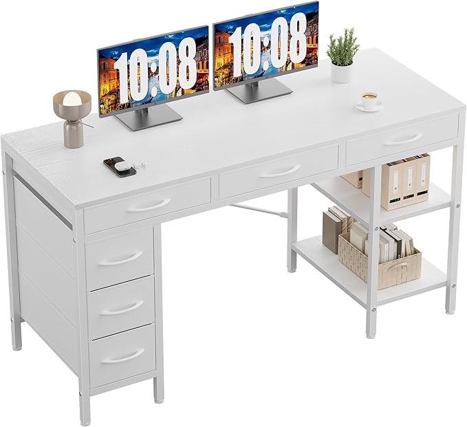 Sweetcrispy 55 Computer Desk with 6 Drawers Home Office Gaming Desks with Storage Shelves for Bedroom Writing Study Corner Living Room Work Table White
