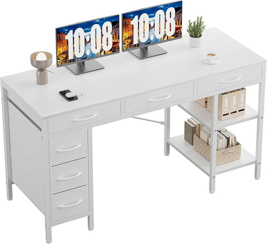 Sweetcrispy 55 Computer Desk with 6 Drawers Home Office Gaming Desks with Storage Shelves for Bedroom Writing Study Corner Living Room Work Table White