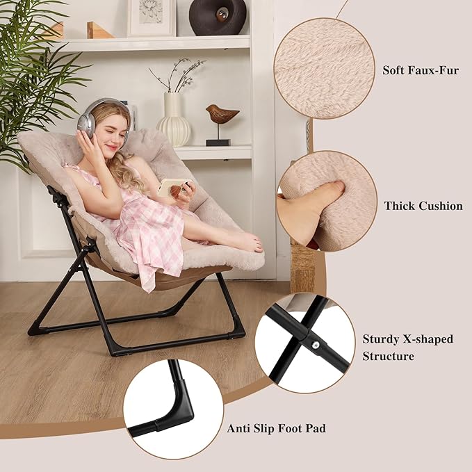 Comfy Saucer Chair for Adults Soft Faux Fur Bedroom Chair with Ottoman Accent Dorm Chairs Living Room Reading Chairs and Footstool Folding Seat for Teens X-Large Light Khaki