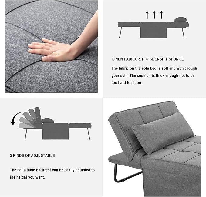 BIGSYY Sofa Bed Set of 4 in 1 Multi Function Folding Ottoman Sleeper BedModern Convertible Chair Adjustable Backrest Sleeper Couch Bed for Living Room Small Room Apartment Light Grey
