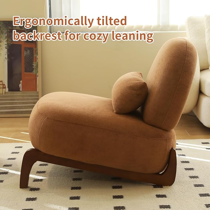 Velvet Accent Chair with Solid Wood Legs Modern Armless Living Room Chair with Soft Cushion Cozy Reading Chair for Bedroom Apartment Balcony &amp Waiting Room (Caramel)