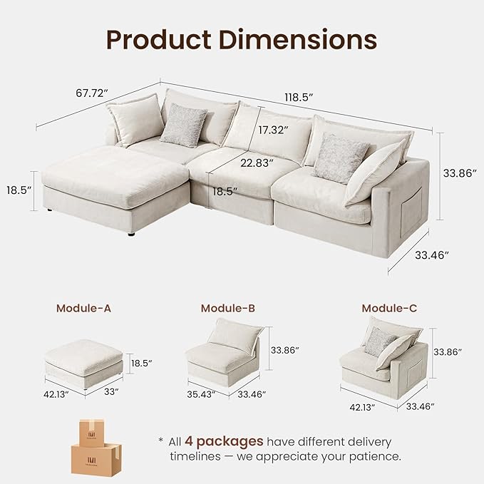 118.5 Modular Sectional Sofa Down Filled Cloud Couch with Storage Ottoman Oversized L Shaped Couch with 2 Pillows 4 Seats Sectional Couches for Living Room Apartment Beige