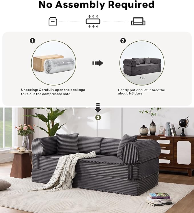 Tbfit 79'' Folding Boneless Couch Oversized Corduroy Convertible Sofa Bed Futon Mattress Sleeper Sofa Comfy Foldable Upholstered Floor Couches for Living Room Gray