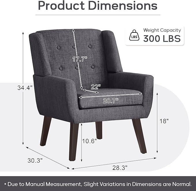 HUIMO Accent Chair Living Room Chair Upholstered Button Tufted Armchair Linen Fabric Sofa Chairs for Bedroom Living Room Mid Century Modern Comfy Reading Chair (Grey)
