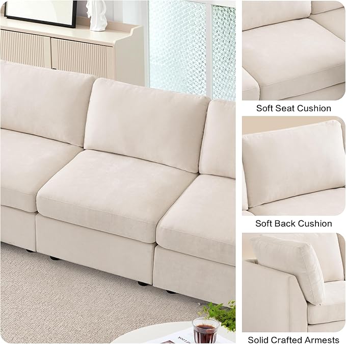 Oversized Modular Sectional Fabric Sofa Set Large L Shaped Mordern Sofa Couch Reversible Chaise Modular Sectional Couches 96 inch Width3 Seat Modular Sofas BeigeLinen