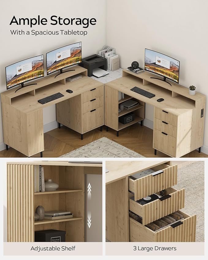 55 Fluted Executive Desk with Charging Station Modern Wood Home Office Desk with with Storage Shelf &amp File Drawer Writing Study Computer Table for Work Study Light Oak