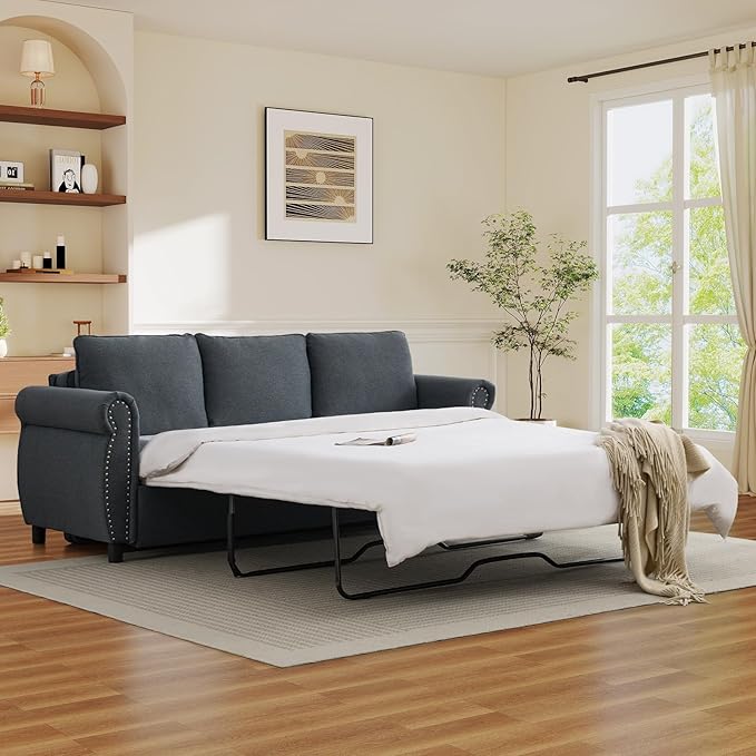 Queen Pull Out Sofa Bed 2-In-1 Pull Out Couch Bed with Memory Foam Mattress &amp Riveted Rolled Armrests 3 Seater Convertible Sleeper Sofa Foldable Couch for Living Room Bedroom Apartment(Dark G