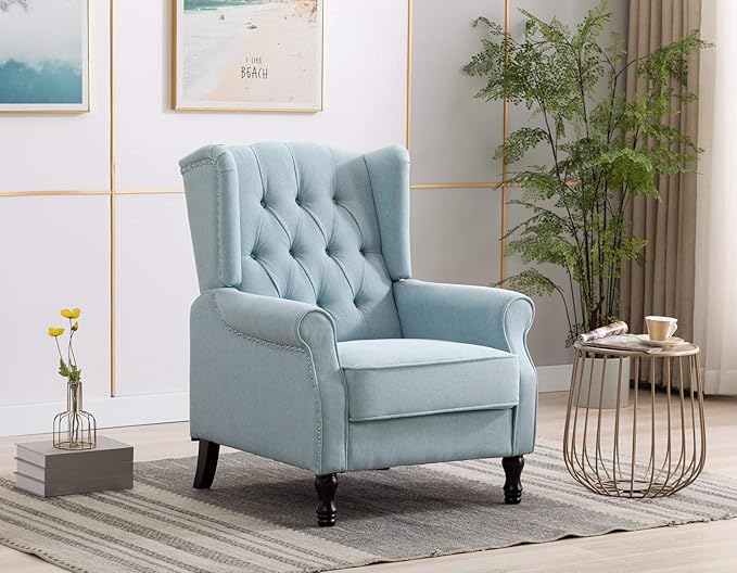 Artechworks Winged Fabric Modern Accent Chair Tufted Arm Club Chair Linen Single Sofa with Wooden Legs Comfy Upholstered for Reading Living Room Bedroom OfficeLight Blue