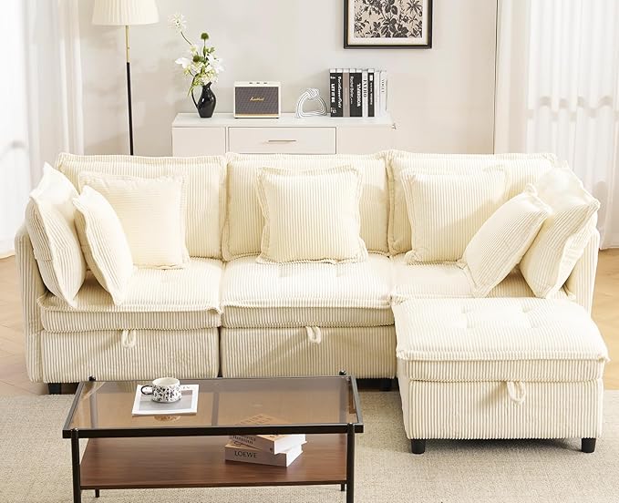 Modular Sectional Sofa 102.5 L-Shaped Cloud Couch with Storage 4-Seater Deep Seat Couch with Tufted Cushions &amp Removable Pillows Comfy Corduroy Couches for Living Room Beige | Modern couch